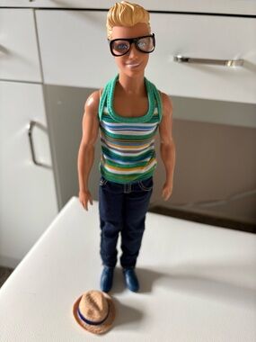 Barbie Ken Doll Blonde Hair Green Striped Tank Top with Blue Jeans